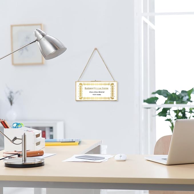 JUXYES Wall Hanging Business License Frame Brass License Certificate Display Frame, Double Glass Floating Diploma Frames, Wall Mount Golden Graduation Frames for 4x9 and 3.5x8.5 Certificate Business Licenses