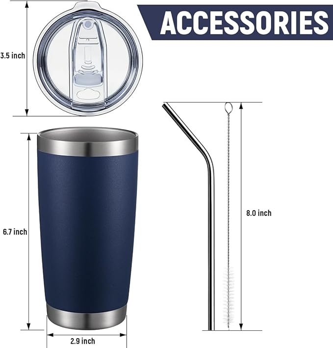 COMOOO 20oz Double Wall Vacuum Insulated Travel Mug Bulk Stainless Steel Tumbler with Lid and Straw Durable Powder Coated Insulated Coffee Cup for Cold & Hot Drinks (Navy, 12 pack