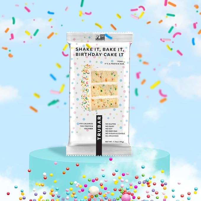 TRUBAR Vegan Protein Bar, Shake it Bake it Birthday Cake it, Gluten Free, Plant Based Protein, Dairy Free, Non GMO, Soy Free, No Sugar Alcohols, 12G Protein, 12G Fiber, 23G Carb, On the Go Snack Bars, 12 ct