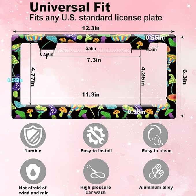 2pcs Mushrooms License Plate Frame for Women, Retro Mushroom car Decorative tag Frames Girly, Green Plant theam License Plate Cover Holder for Vehicle with Double Sided Keychain tag