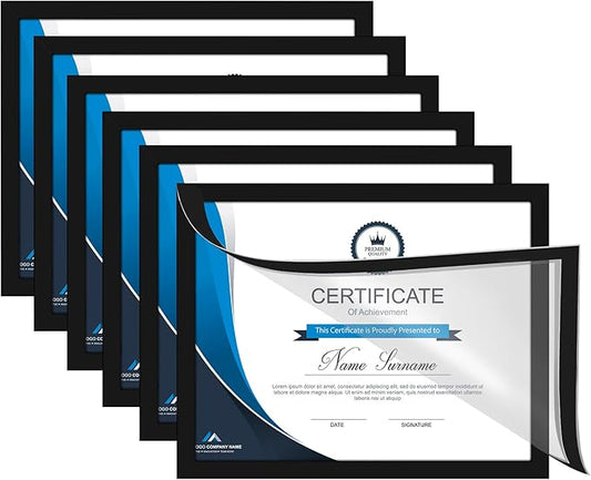8.5 x 11 Certificate Frames Set Of 6, Self Adhesive Picture Frames 8.5 x 11, Magnetic Diploma Frame for Wall Display, Document Frames For Home Office, Horizontal or Vertical, Black