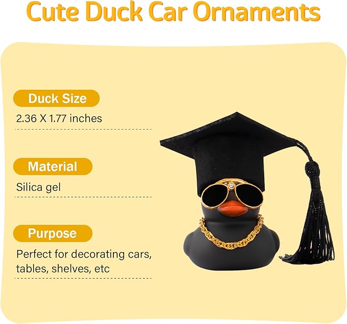 wonuu Car Dashboard Decor Graduation Hat Color Rubber Duck, Car Ducks Ornaments with Mini Graduation Hat Necklace Sunglasses (Black)