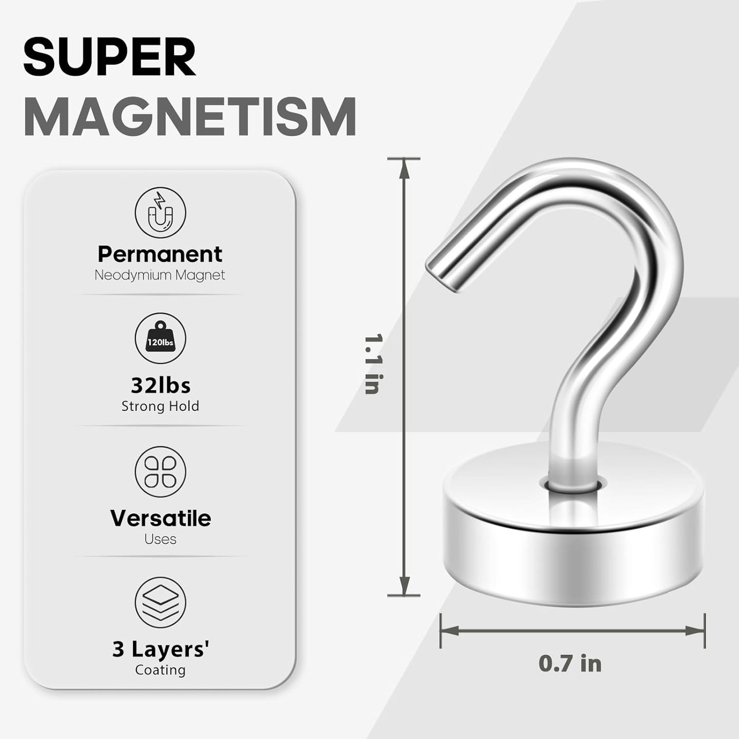 Neosmuk Magnetic Hooks, Cruise Ship Essentials, 30lb+ Heavy Duty Magnetic Hooks for Cruise Cabins, Refrigerator, Grill, Hanging, and Travel | Extra Strong Must-Haves Magnet Hook,Silver,Pack of 10