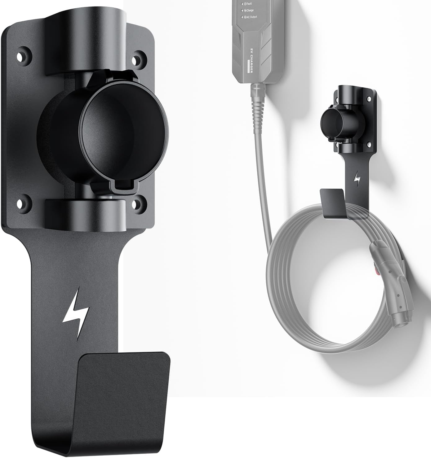 EV Charger Holder, with 180° Rotation Nozzle Dock, Metal J-Hook for SAE J1772 Charger Holder Organizer Wall-Mount Connector Electric Vehicle Charging Cable Car Accessories