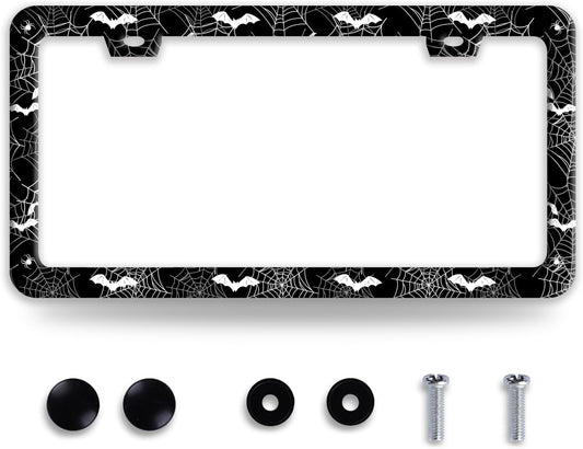 Bat Spider Web License Plate Frame Funny Gothic License Plate Frames Stainless Steel Accessories Cars Decor with 2 Holes and Screws Fits Standard Us Ca Vehicles License Plate Holder 12.2 X 6 Inch