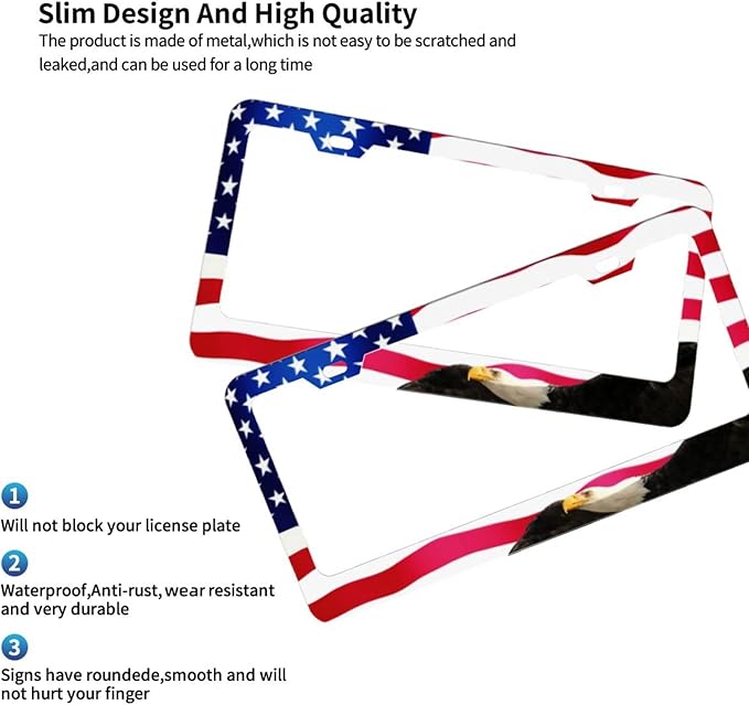 American Flag Eagle Patriotic License Plate Frames Covers Holders US American Waving Flag Eagle Car Tags Frames Holders Stainless Aluminum 2 Pack 4 Holes Decorative 2 Pcs Set for Men Women Vehicle