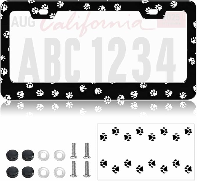 1pcs Black White Dog Paw Print License Plate Frame for Women, Pet Foot Print Car Tag Frames Girly for Vehicle with Non Adhesive Electrostatic Sticker