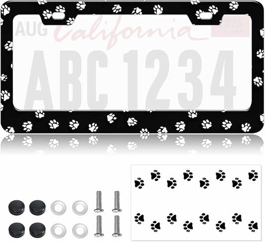 1pcs Black White Dog Paw Print License Plate Frame for Women, Pet Foot Print Car Tag Frames Girly for Vehicle with Non Adhesive Electrostatic Sticker