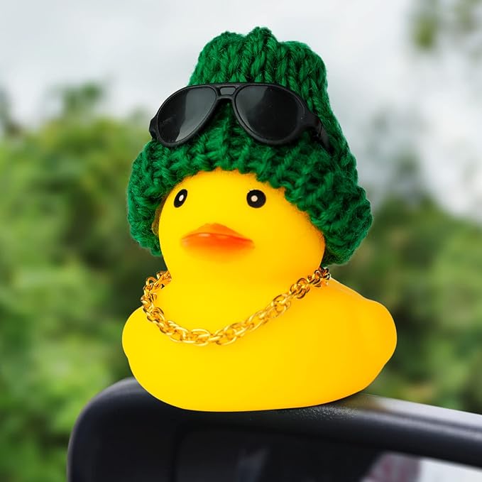 Car Rubber Duck,Yellow Duck Car Dashboard Decorations Accessories with Mini Beanie Hat Necklace and Sunglasses(W2)