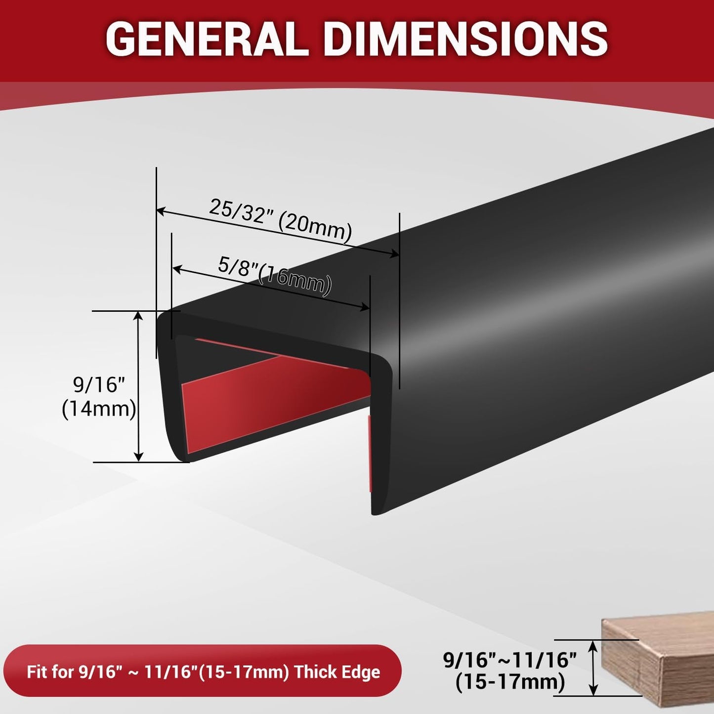 Rubber Edge Trim, 5/8" Self Adhesive Flexible U Channel Edge Protecter for Plywood, Tables, Desks, Cabinets, Counter Top, Wide U Shaped Edge Trim, Edge Banding, Black Color, 20Ft