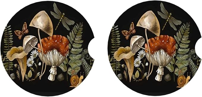 ABLESKY Car Coasters for Cup Holders, 2 Pack Absorbent Anti Slip Car Cup Holder Coasters, 2.56 Inch Ceramic Universal Size Auto Interior Accessories Women Men-Retro Mushroom