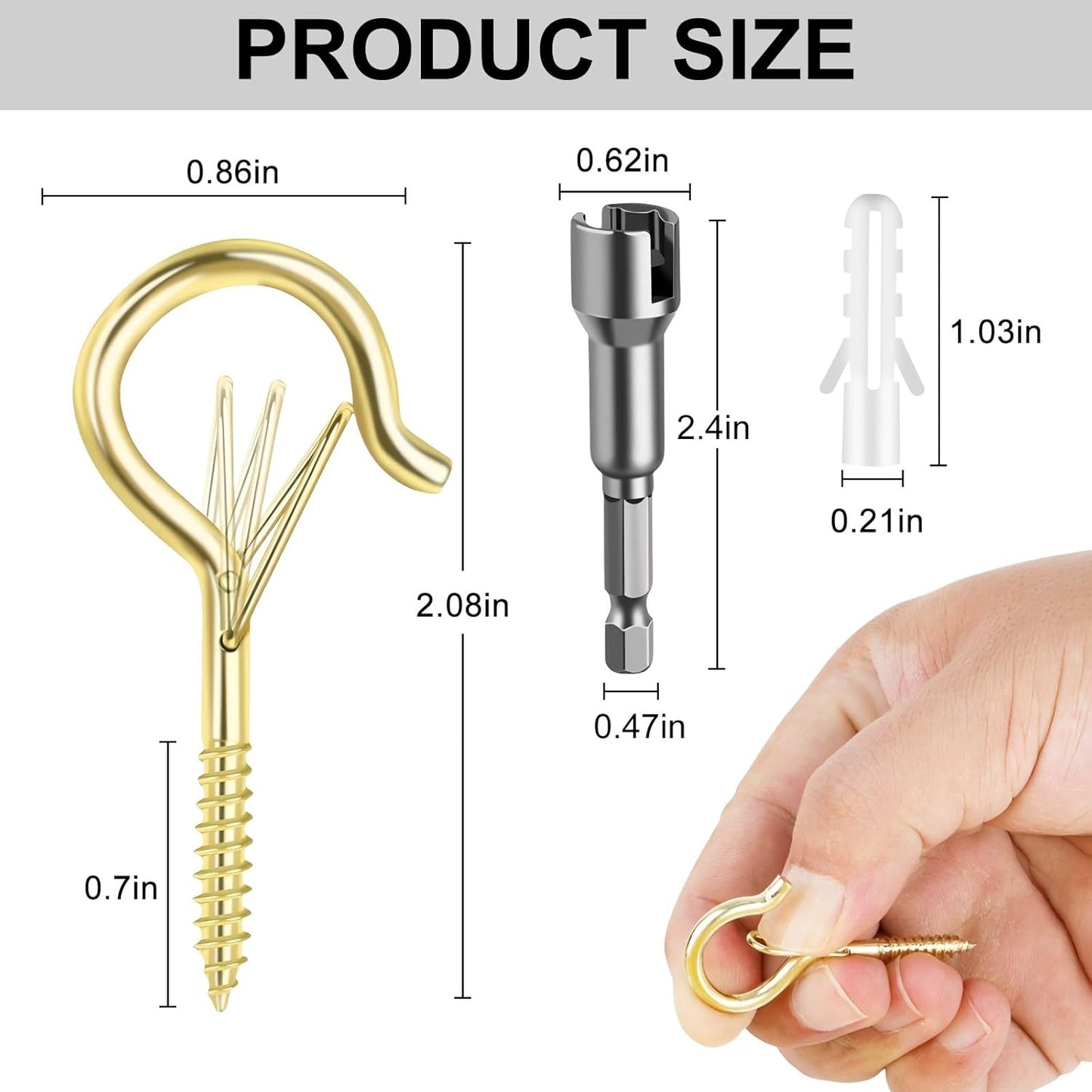 48 PCS Q-Hanger Hooks, Screw Hooks for Outdoor String Lights, Safety Buckle Design Cup Eye Hook for Hanging Christmas Lights, Plants, Mounted on Wall Ceiling, Include 1 Wing Nut Driver, Gold