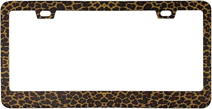 Brown and Black Leopard Cheetah Print License Plate Frame Cover, Matte White Powder Coated Stainless Steel, Animal Print Auto Car Tag Frame with 2 Holes & Free Screws