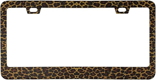 Brown and Black Leopard Cheetah Print License Plate Frame Cover, Matte White Powder Coated Stainless Steel, Animal Print Auto Car Tag Frame with 2 Holes & Free Screws