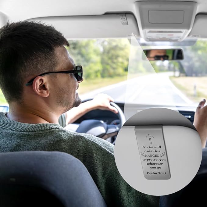 XQLZY for He Will Order His Angels to Protect You Engraved Stainless Steel Car Visor Clip, Wherever You Go Psalm 91:11, Inspirational Guardian Angel Safe Driving Gifts for Family Friend Driver