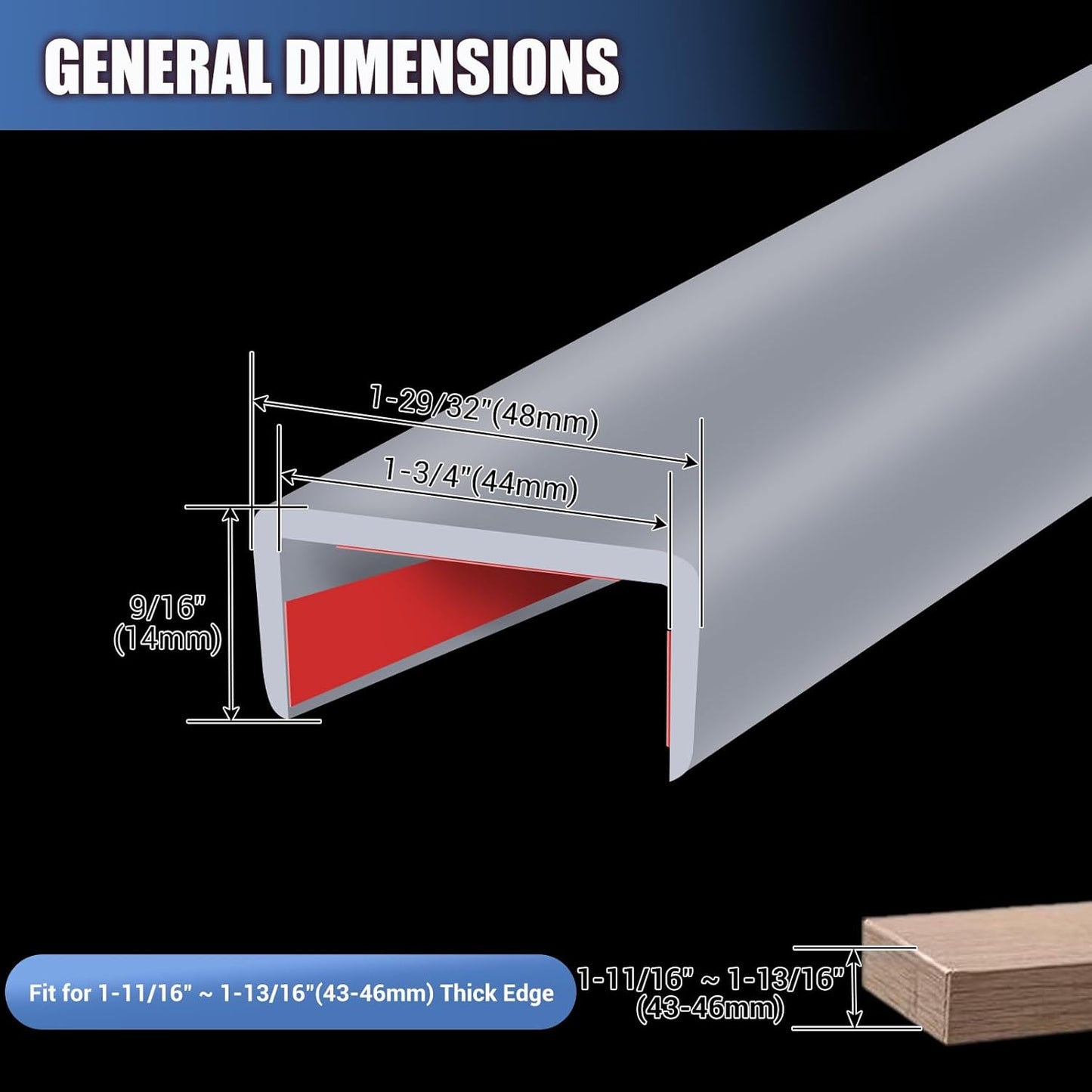 Rubber Edge Trim, Flexible Self Adhesive U Shaped Peel and Stick Edge Banding, 1-3/4"(44mm) U Channel Edge Protector, Edge Guards for Woods, Furniture, 20Ft, Grey Color