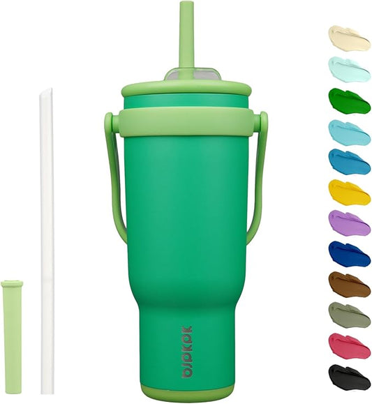 BJPKPK 40 OZ Insulated Travel Tumbler with Handle and Straw, Stainless Steel Water Bottle, Double Wall Vacuum Insulated Mug, for Work, Car, Travel, Olive Green