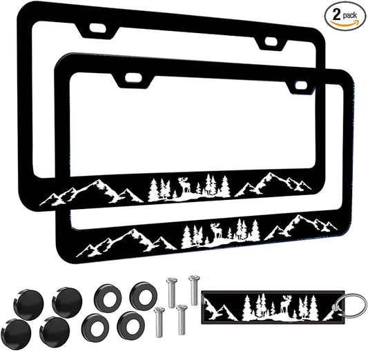 2pcs Moose Forest Mountains License Plate Frame for Women,Mountain Landscape car Decorative tag Frames Girly, Natural Forest License Plate Cover Holder for Vehicle with Double Sided car Keychain tag
