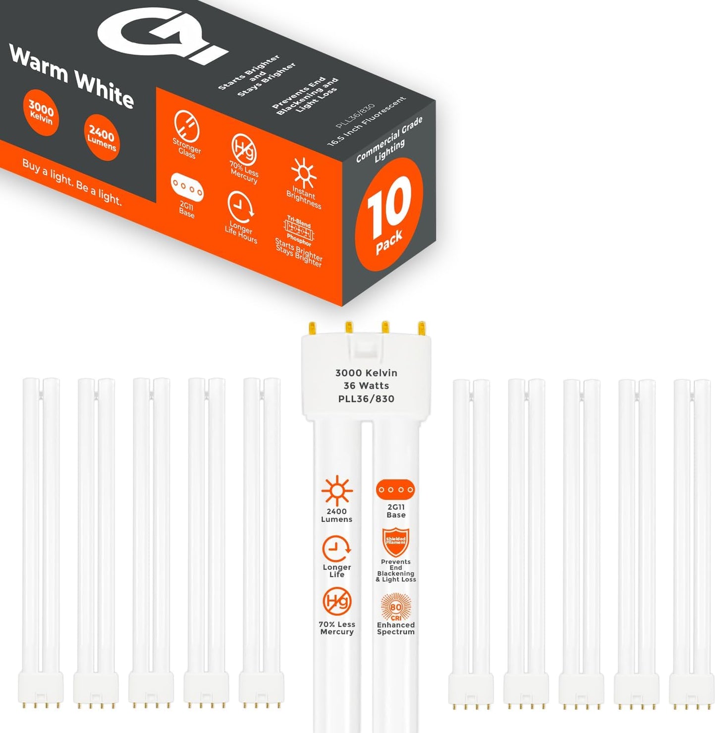 GoodBulb PLL36/830 36W 16.5" Twin Tube Compact Fluorescent Light Bulb 4-pin 2G11 Base 3000K Soft White 2400 Lumen 36000 Hour Long Life Biax Pack of 10