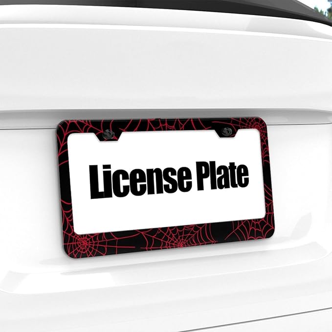 Red Spider Web License Plate Frame, Funny Cobweb Aluminum License Plate Holder, Halloween Black Car Tags with Screws 6 X 12 in