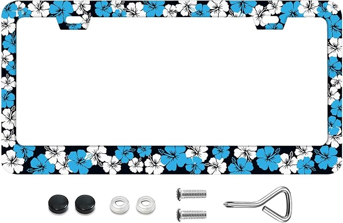 Hawaiian Flower Hibiscus License Plate Frames, Rust-Proof Stainless Steel Screws, Caps Included Personalized Cover for Women and Men Decorate Car with 12.3x6.3 Inch License Plate Holder -DATANSEN