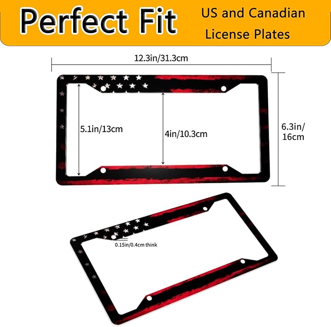 License Plate Frame 2 Pack Front Rear Aluminum Metal Rust-Proof Universal Car Tag Frames Holder with 4 Holes Car Decor Accessory with Screws for Men Women - Black Red American Flag