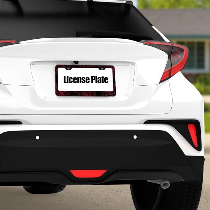 Red Spider Web License Plate Frame, Funny Cobweb Aluminum License Plate Holder, Halloween Black Car Tags with Screws 6 X 12 in