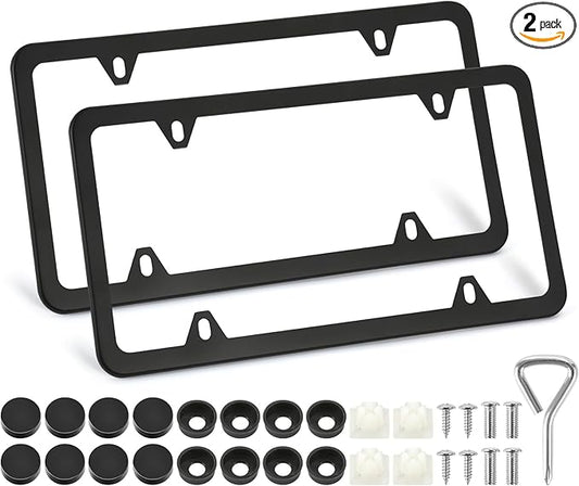 2 Pack License Plate Frames, 4 Holes Matte Black License Plate Frame, Aluminum License Plate Holder with Free Screws Fasteners Caps and Tool