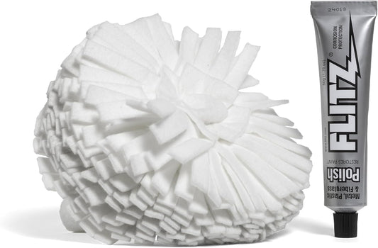 Flitz Buff Ball w/ 1.76oz Metal Polish Paste - 7in Drill Buffer Polisher Attachment for Any 3/8in Drill - Self-Cooling, Washable Polishing Ball to Buff, Shine, & Protect All Metals, Plastics (1 Pack)