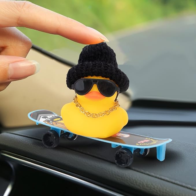 wonuu Car Duck Ornament Rubber Duck Car Dashboard Decoration for Car Dashboard Decoration Accessories with Mini Hat, Necklace, Sunglasses, Chair or Skateboard