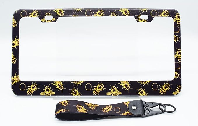 1-Pack Golden Honey Bee License Plate Frames for Women Man, 2 Holes Honey Bee Gold Aluminum License Plate Holder, Bee Themed License Plate Cover fits Vehicles with Keychain Wrist Lanyard