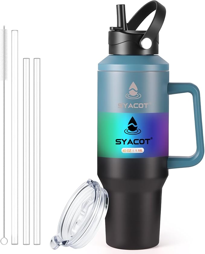 40 oz Tumbler with Handle and Straw or Convert to 40 oz Insulated Water Bottle Fits in Cup Holder. Stainless Steel Metal Water Flask with 2 Lids for Travel,Camping,Gym Sports Coffee Mug Thermal Cup