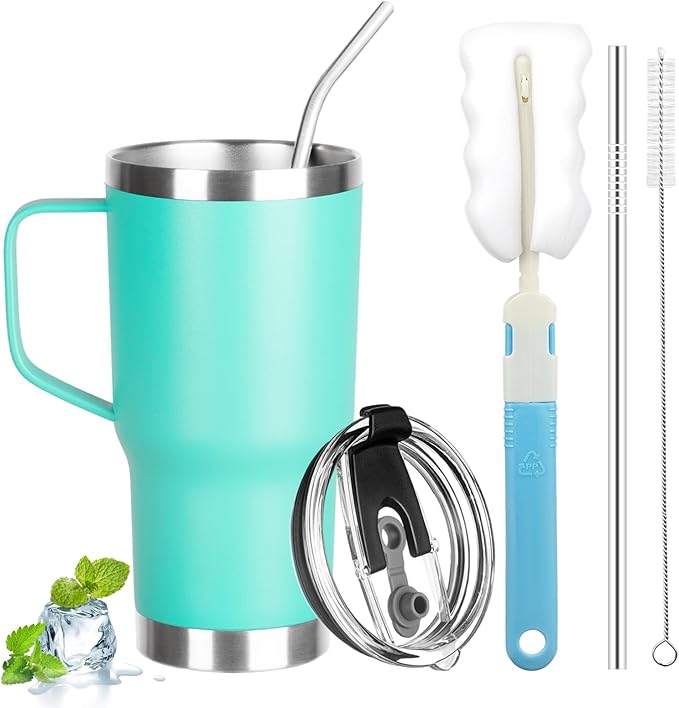 20 oz Tumbler with Handle, Stainless Steel Insulated Tumbler with Lid and Straw, Double Wall Vacuum Insulated Coffee Mug Tumbler, Insulated Coffee Thermal Cup for Cold and Hot (Mint Green)
