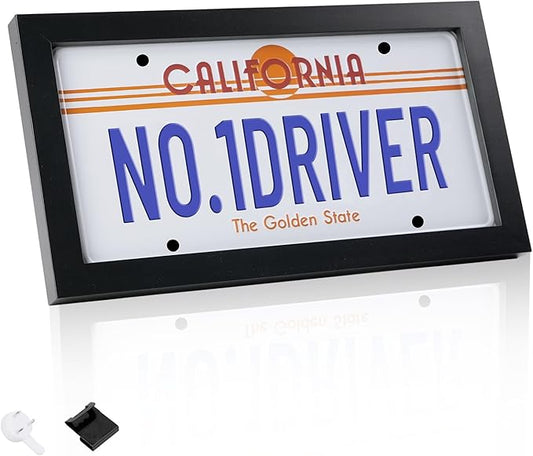 Matte Black License Plate Wall Frame for 6"x12" Plate Display,Modern Solid Wood with High Clarity Acrylic Panel,Ideal for Garage Decor Car Enthusiast,License Plate Hider, Cover,Holder