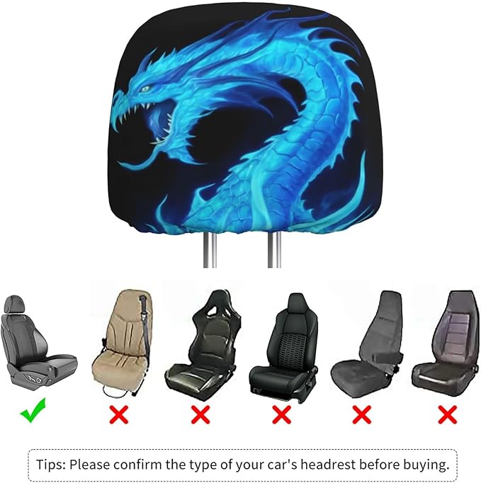 Dujiea 2 Pack Fire Blue Dragon Car Headrest Covers, Universal Soft Car Seat Head Rest Cover Protector, Vehicle Accessories Fabric Headrest Cover for Cars Vans Trucks