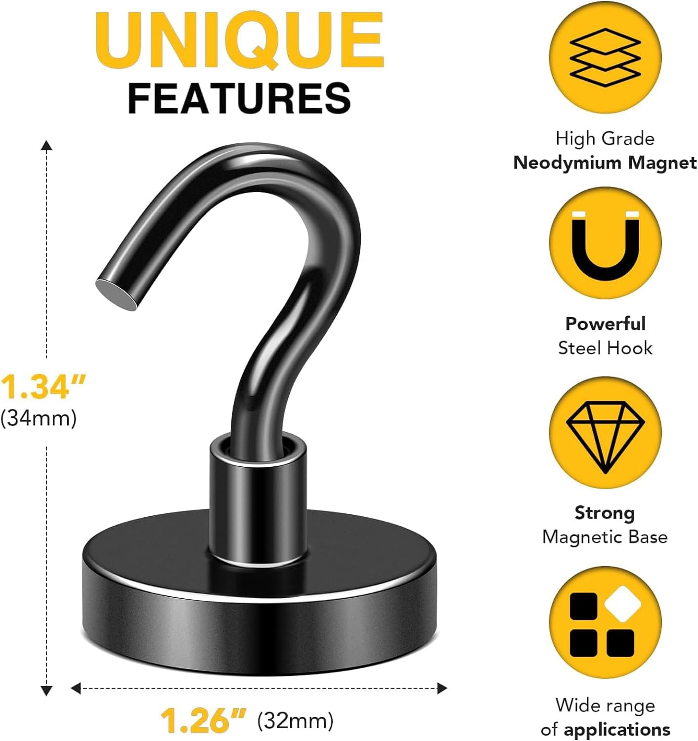 DIYMAG Black Magnetic Hooks, 118 LB Heavy Duty Strong Magnets with Hook, Rare Earth Neodymium Magnet Magnetics for Cabins Cruise Ship Essentials 4 Packs