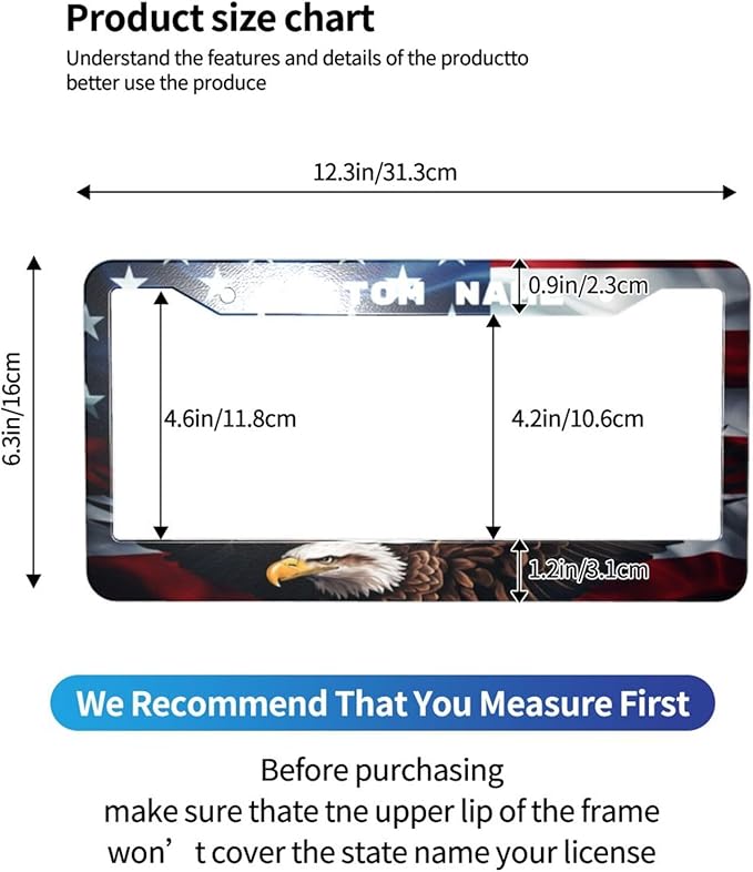 Custom License Plate Frame American USA Flag 2 Pack Personalized Add Text Black Custom License Plate Frame with Standard Us Canada Vehicles 12.3 X 6.3in