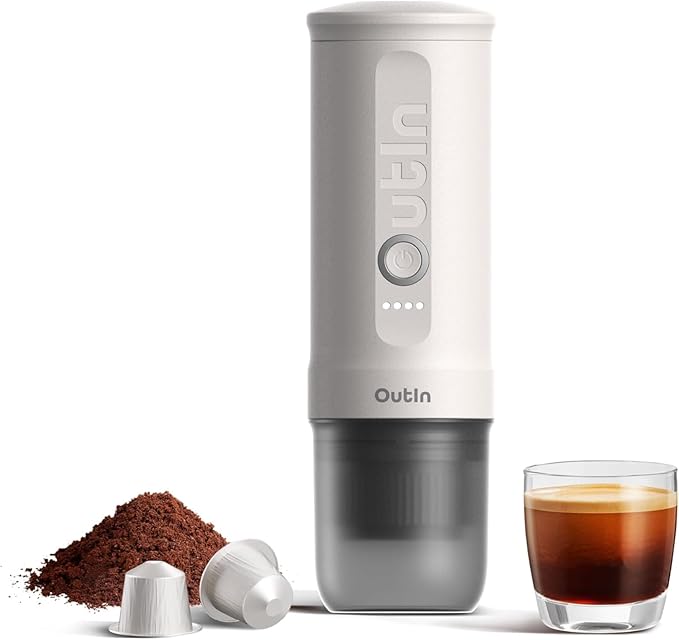 OutIn Nano Portable Electric Espresso Machine, Travel Coffee Maker for Camping, Car Coffee Maker Self-Heating with USB-C, With Ground Coffee & NS Capsule for RV, Hiking, Office