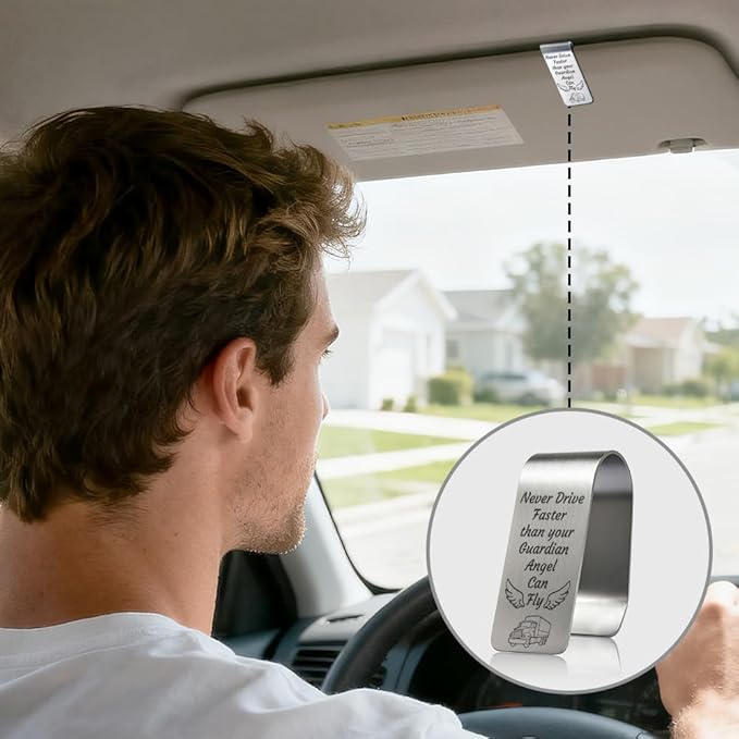 Never Drive Faster Than Your Guardian Angel Can Fly Engraved Stainless Steel Car Visor Clip, Inspirational Guardian Angel Safe Driving Reminder Clip Gifts for Family Friend, Drive Safe Gifts