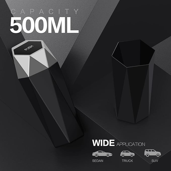 Car Trash Can with Lid,Portable Vehicle Auto Car Garbage Can,Diamond Design Mini Garbage Bin for Automotive Car, Home, Office, Kitchen, Bedroom(2 Packs,Silver)