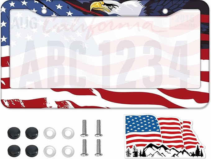 1PCS Eagle & American Flag License Plate Frame Holder - USA Stars and Stripes Auto Universal Aluminum Matte Car Tag Holder Covers with Sticker & Screws for Men