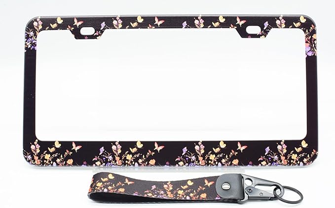 2-Pack Butterfly Floral Print License Plate Frames, 2 Holes Butterflies Flower License Plate Holder for Women,Colorful Butterfly License Plate Cover fits Vehicles with Keychain Wrist Lanyard