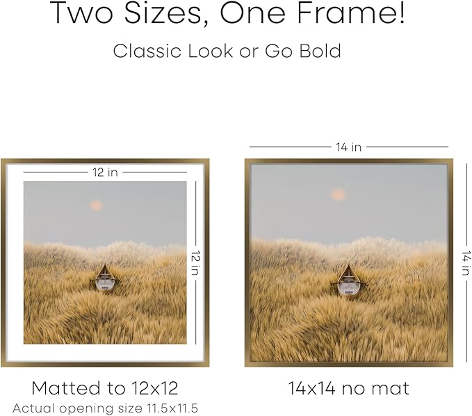 Homeforia 14x14 Picture Bronze Frame, High End Metal 14 x 14 Square Poster Frame with Mat 12 x 12 Photo, 14x14 Brass Frame Matted to 12x12 Print, 14by14 Thin Frames, Tempered Glass, Wall Kit, Set of 1
