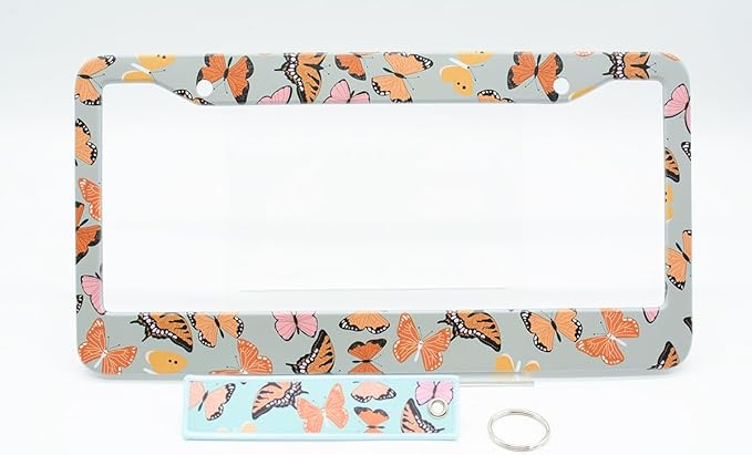 2pcs Brown Butterflies License Plate Frame for Women, Butterfly car Decorative tag Frames Girly,Inspirational Butterfly License Plate Cover Holder for Vehicle with Double Sided car Keychain tag