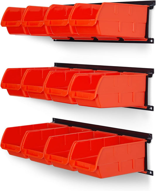 Ultrawall Wall Mounted Storage Bins, Plastic Hanging Storage Organizer Bins, Garage Tool Storage System for Screws, Nuts, Bolts, Nails, and Small Hardware Parts, 12x bins & 3 x rails, Orange