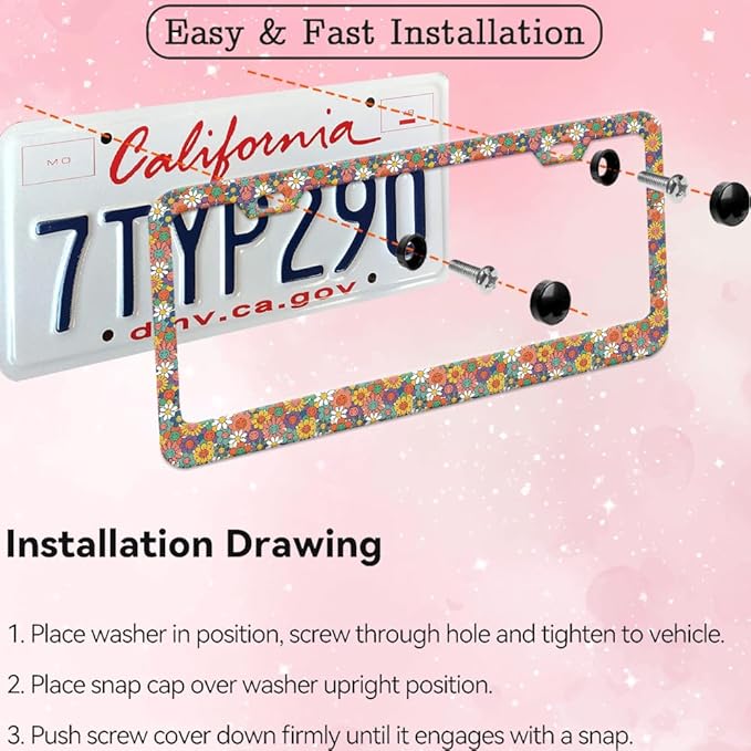 2pcs Colorful Smiling Floral License Plate Frame for Women, Funny Smile Flowers car Decorative tag Frames Girly, Funny Smiley Floral License Plate Cover Holder for Vehicle with car Keychain tag