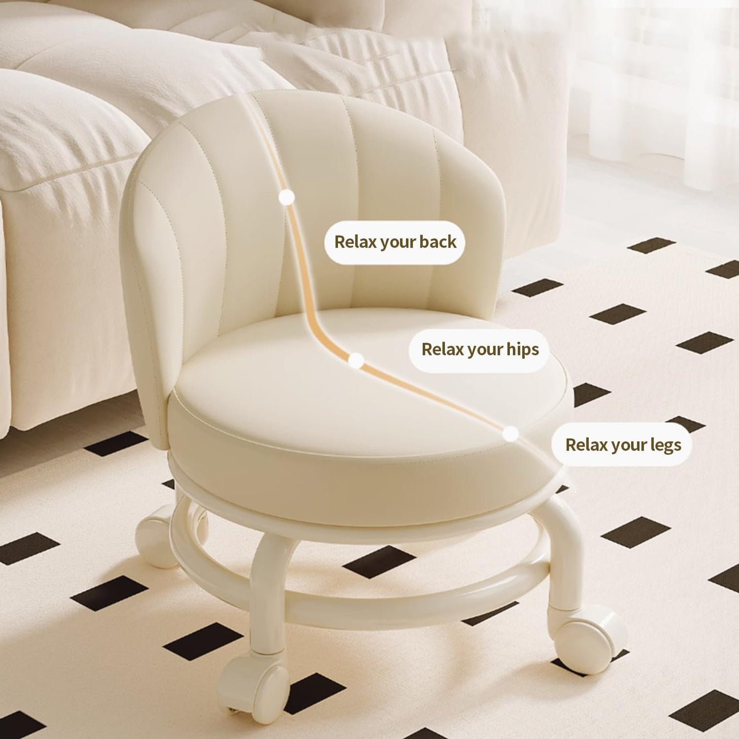 Low Rolling Stool with Backrest,Rolling Pedicure Seat,Low Stool with Wheels for Home, Office, Garage, Shop, Library (White)