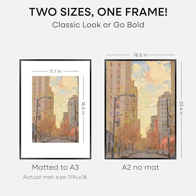 Homeoforia A2 Picture Frame Black, High End Metal 16.5 x 23.5 inch Poster Frames with Mat 11.7 x 16.5 for Photo, A2 Size Frame Matted to A3 Print, 16.5 by 23.4 Hanging Frames, Tempered Glass, Set of 4
