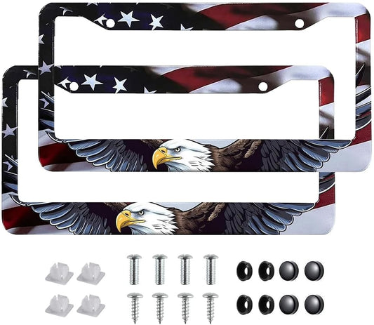 2Pack Universal Flag and Eagle License Plate Frame -Rustproof Aluminum Matte Black Car License Plate Frames