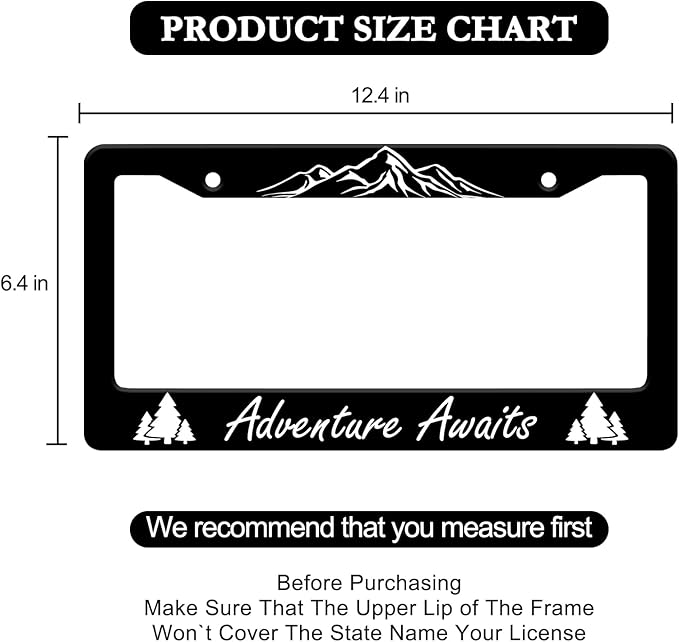Adventure Awaits License Plate Frame - 2 PCS Mountain Tree Aluminum Metal License Plate Frames Holder, Rust-Proof Waterproof Car Decorative Tag Frames with Screws Fasteners Caps